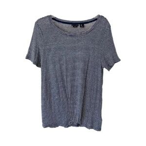 Tahari | Navy Blue Striped Linen Short Sleeve Tucked Front Tee, Large